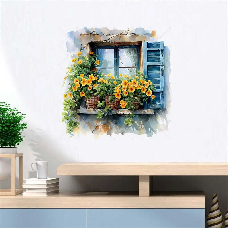 Watercolor Flower Window Art Wall Stickers Living Room Sofa Background Decoration Wallpaper For Home Decor Room Decals wall stickers window stickers M1024
