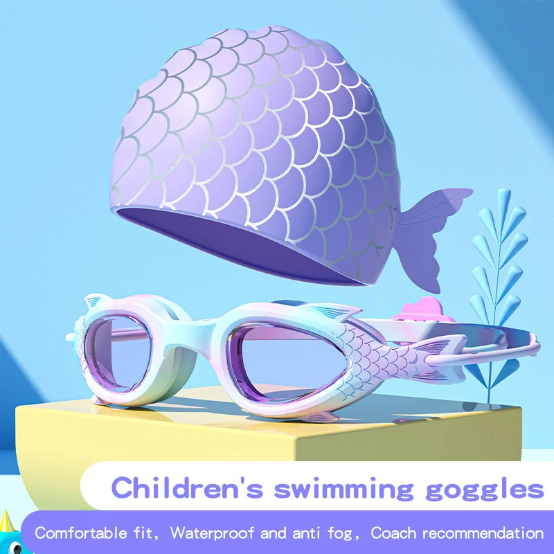 Lunettes de natation enfants poissons avec bonnet silicone garçons filles étanches anti-buée