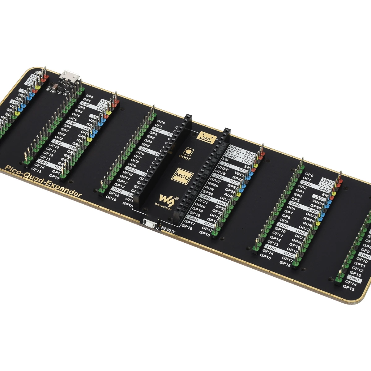 Waveshare Quad Gpio Expander For Raspberry Pi Pico Four Sets Of Male Headers Usb Power Connector