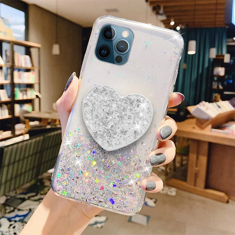 Sparkling Glitter Heart Love Phone Holder Silicone Case