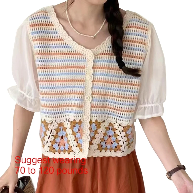 All-matching Crochet Knit Top for Women Short Sleeve T-shirt Hollow Out Blouses P8DB