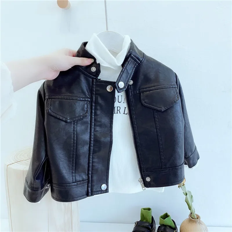 Baby Spring Clothing Leather Jacket Boys & Girls Plus Fleece Warm Casual Motorcycle Leather Jacket for Children Fashionable