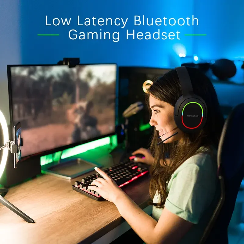 Wireless Headphones with MicroPhone Game Headset Blutooth 5.1 Gamer Surround Stereo Earphone Colourful Light PC Laptop Earpiece