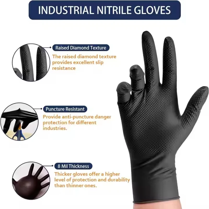 Nitrile Gloves 8Mil Heavy Duty Black Nitrile Gloves Thick Diamond Texture Disposable Gloves Tear Resistant Industrial Mechanic Cleaning