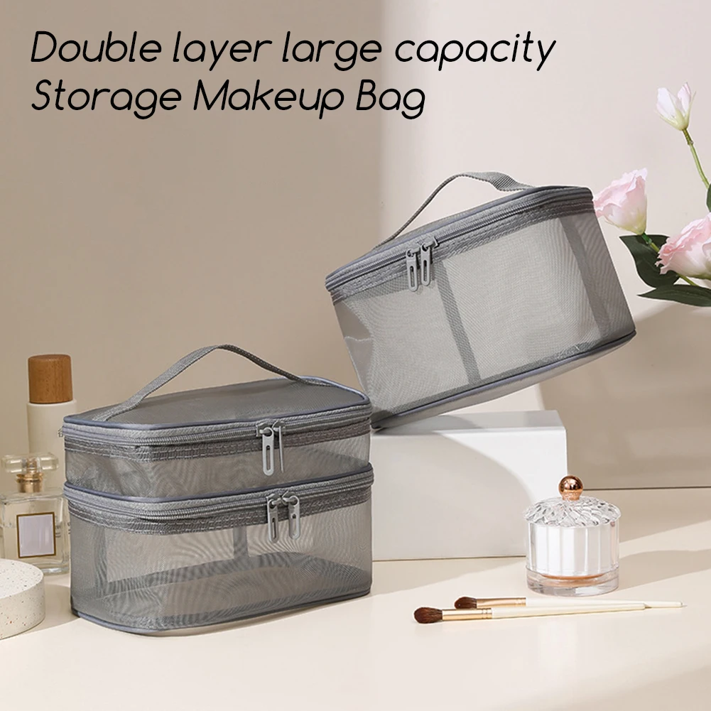 Double Layer Mesh Makeup Organizer Female Toiletry Bag Make Up Case Storage Pouch, Cosmetic Bag, Organizer Bag for Travel Zip