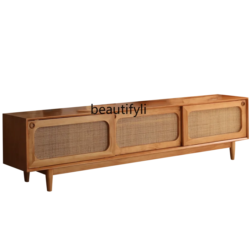 

Japanese Style Small Apartment TV Cabinet Simple Solid Wood Furniture Living Room Cabinet Rattan Video Cabinet Video Cabinet