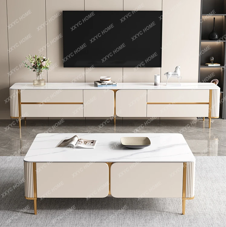 

Bright Light Stone Plate Coffee Table TV Cabinet Combination Simple Modern Small Apartment Living Room Floor Cabinet