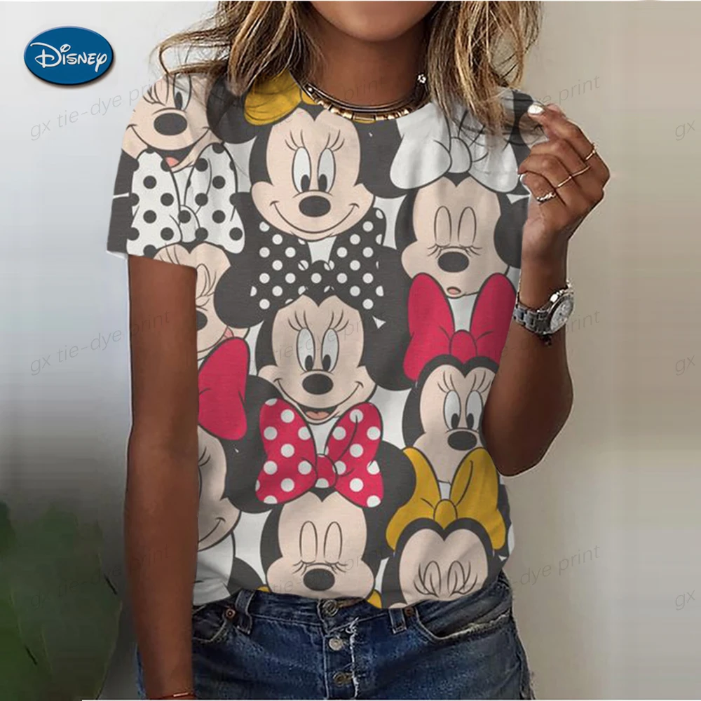

Disney Minnie Mickey Mouse Print Women Casual T-shirt Girl 2023 Summer O Neck Harajuku Y2k Funny Cute Tops Tee Female Clothes