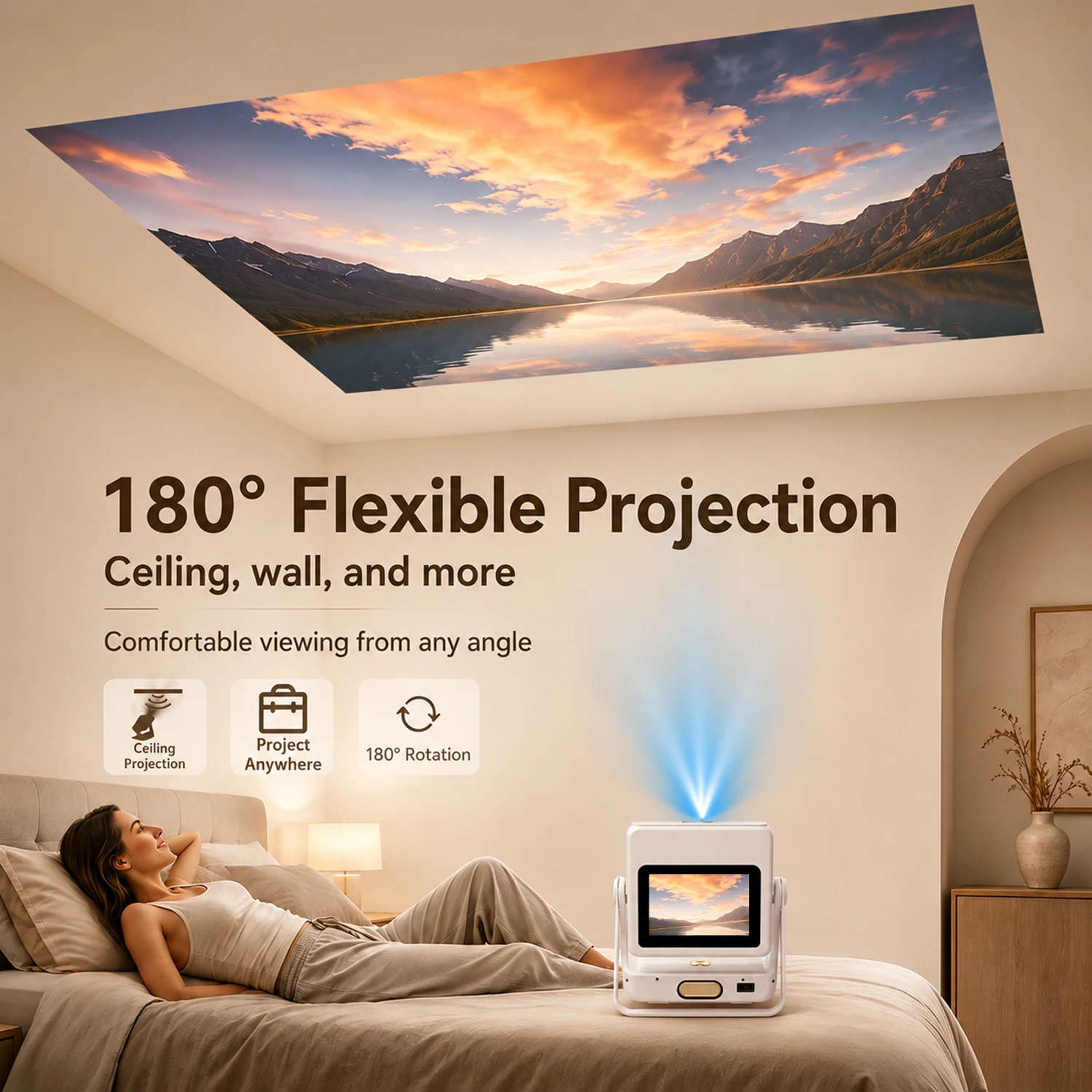 3-in-1 안드로이드 12 프로젝터 7인치 1080P 4K 자동 초점 180도 ° 회전식 천장 시네마 HDMI USB BT5.0 WiFi