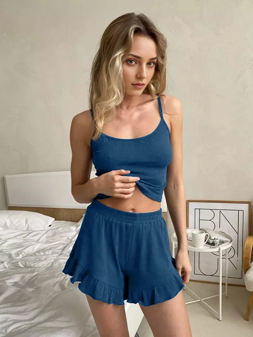 Marthaqiqi Home Clothes For Women Sexy Tank Tops Sleepwear Spaghetti Strap Pajama Crop Top Nightie Shorts Casual Nightgowns Suit