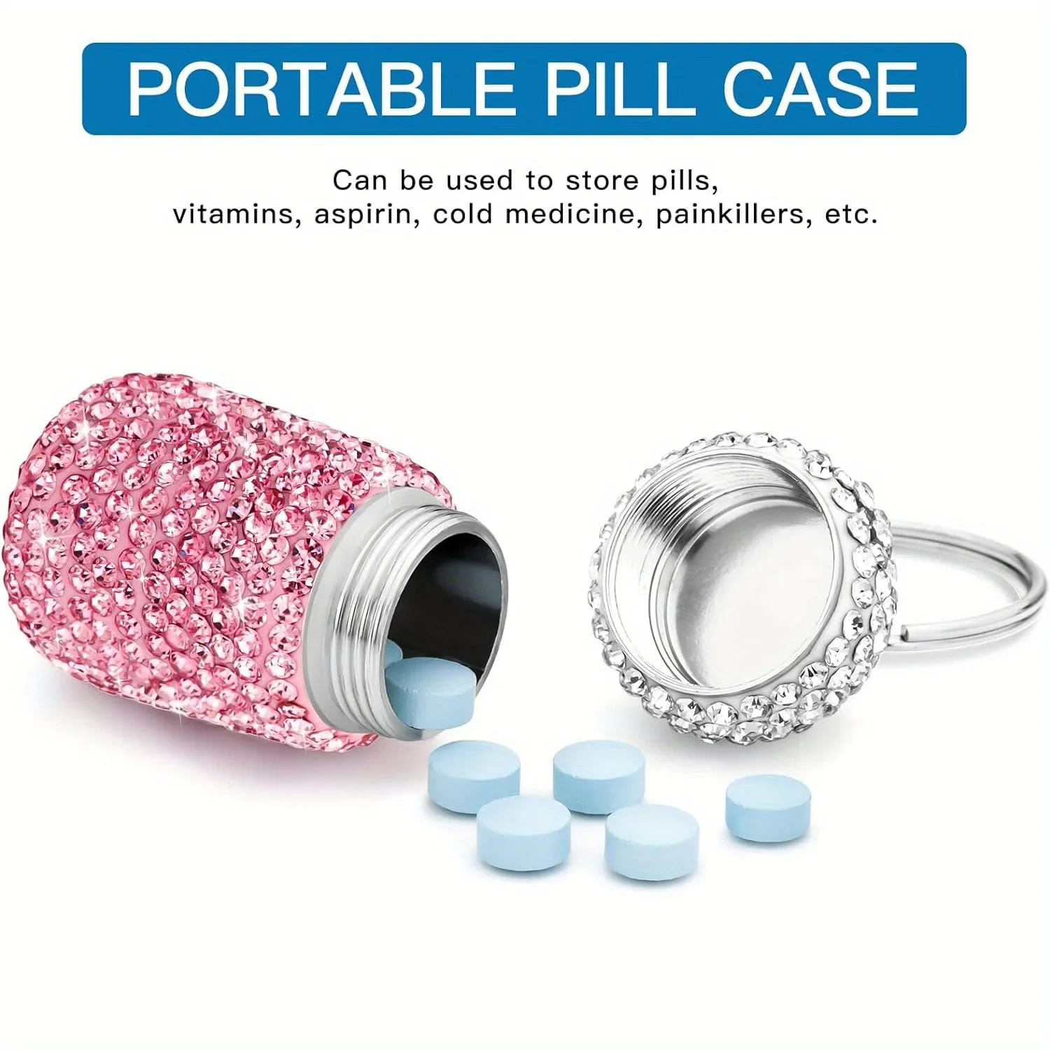 Bling Rhinestone Pill Container Case Waterproof Medicine Dispenser Holder with Keychain Cute Style INS Travel Pocket Pill Box