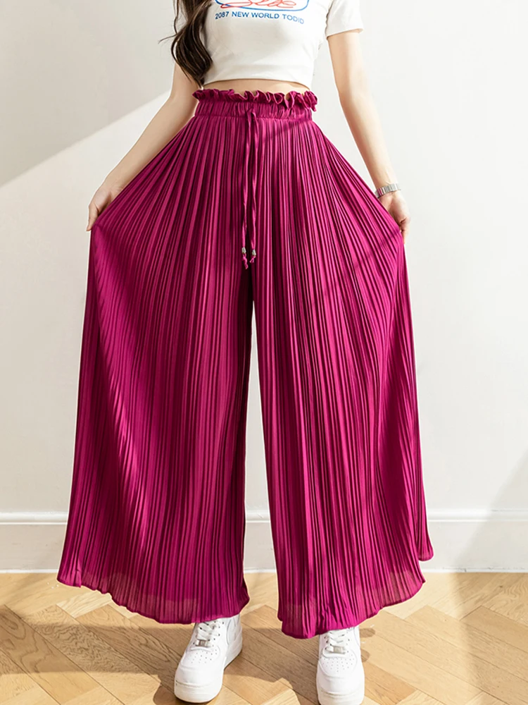 Summer Women Pleated Chiffon Wide Leg Pants High Waist Loose Culottes  Trousers