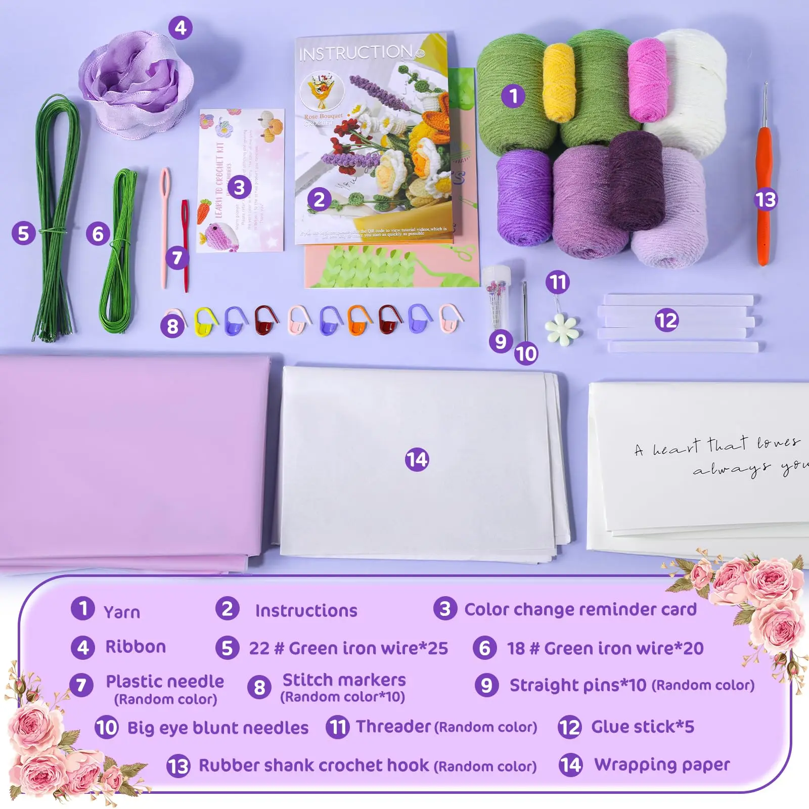 Crochet Kit Flower Bouquet Rose Kit for Beginners Step-by-Step Video Tutorials Present Home Decor crochet kit