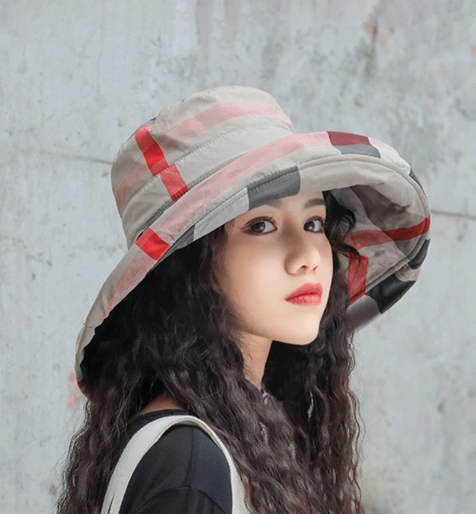 Women Bucket Hat Sun Hat Women Hat Bucket Hat Summer Plaid Folding For Beach Holiday Spring Bowler Sun Protection