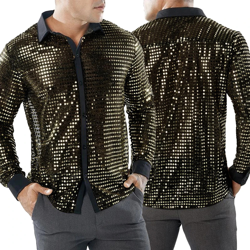 Men's Sparkly Sequins Shirts Long Sleeve Lapel Collar Party Dance Retro 70s Disco Nightclub Bling Tops Male Shirt