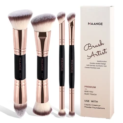 MAANGE 4 - Piece Essential Makeup Brush Set with Travel Case - Dual - Ended Foundation, Powder, Blush, and Eyeshadow Brushes (Black Champagne)