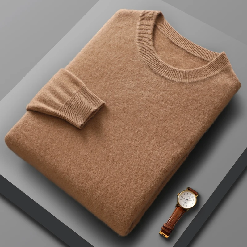 100% Merino Wool Sweater Men's Round Neck Knitted Hoodie Spring Autumn New Cashmere Sweater Versatile Basic Sweater Menswear 2