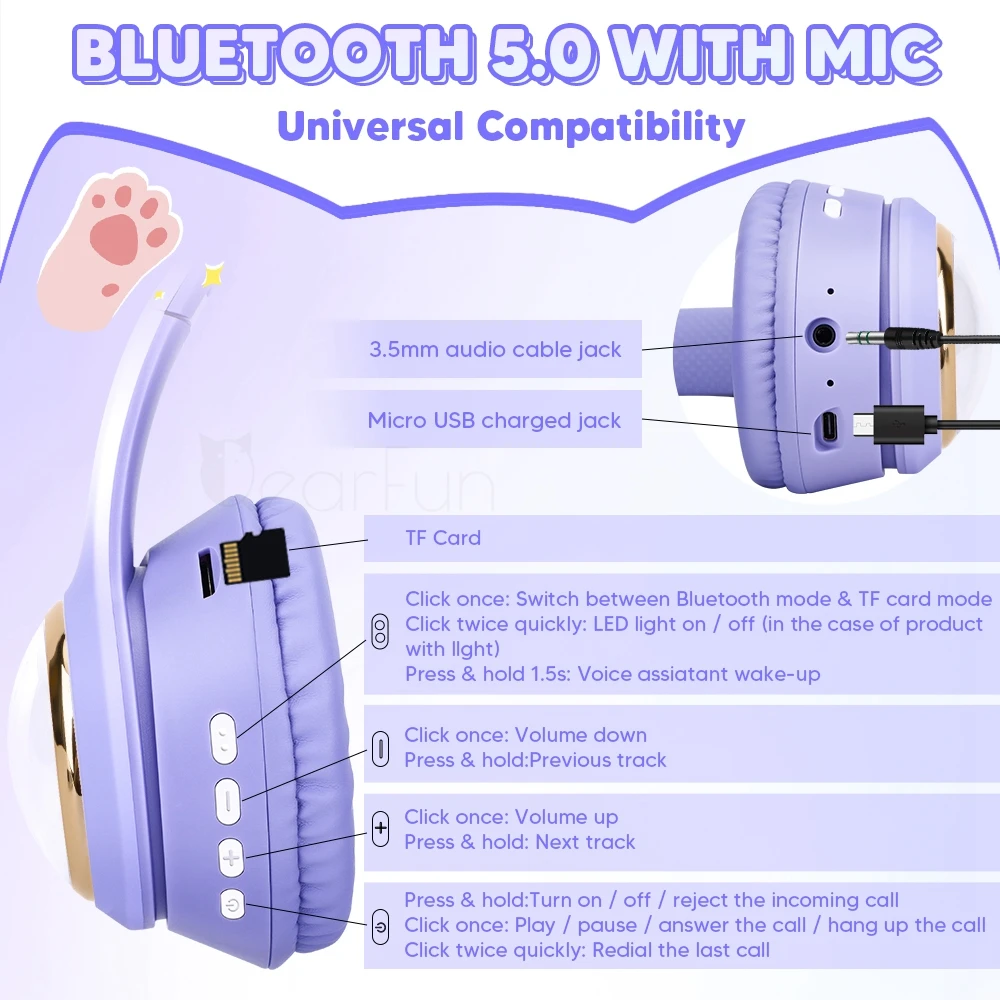 RGB Cute Cat Headphones Wireless Girls Kids Headphones With Microphone Foldable Stereo Music Headset for Iphone Ipad Table Gifts