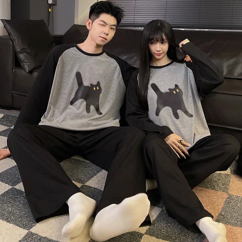 New Couples Pajamas Fall and Winter Men's Casual Loose Comfortable Pajamas Women's Round Neck Cartoon Breathable Homewear Suit