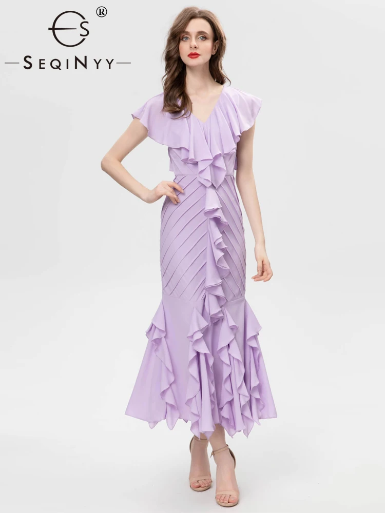 

SEQINYY Elegant Midi Dress Summer Spring New Fashion Design Women Runway High Street V-neck Ruffles Slim Casual Sleeveless