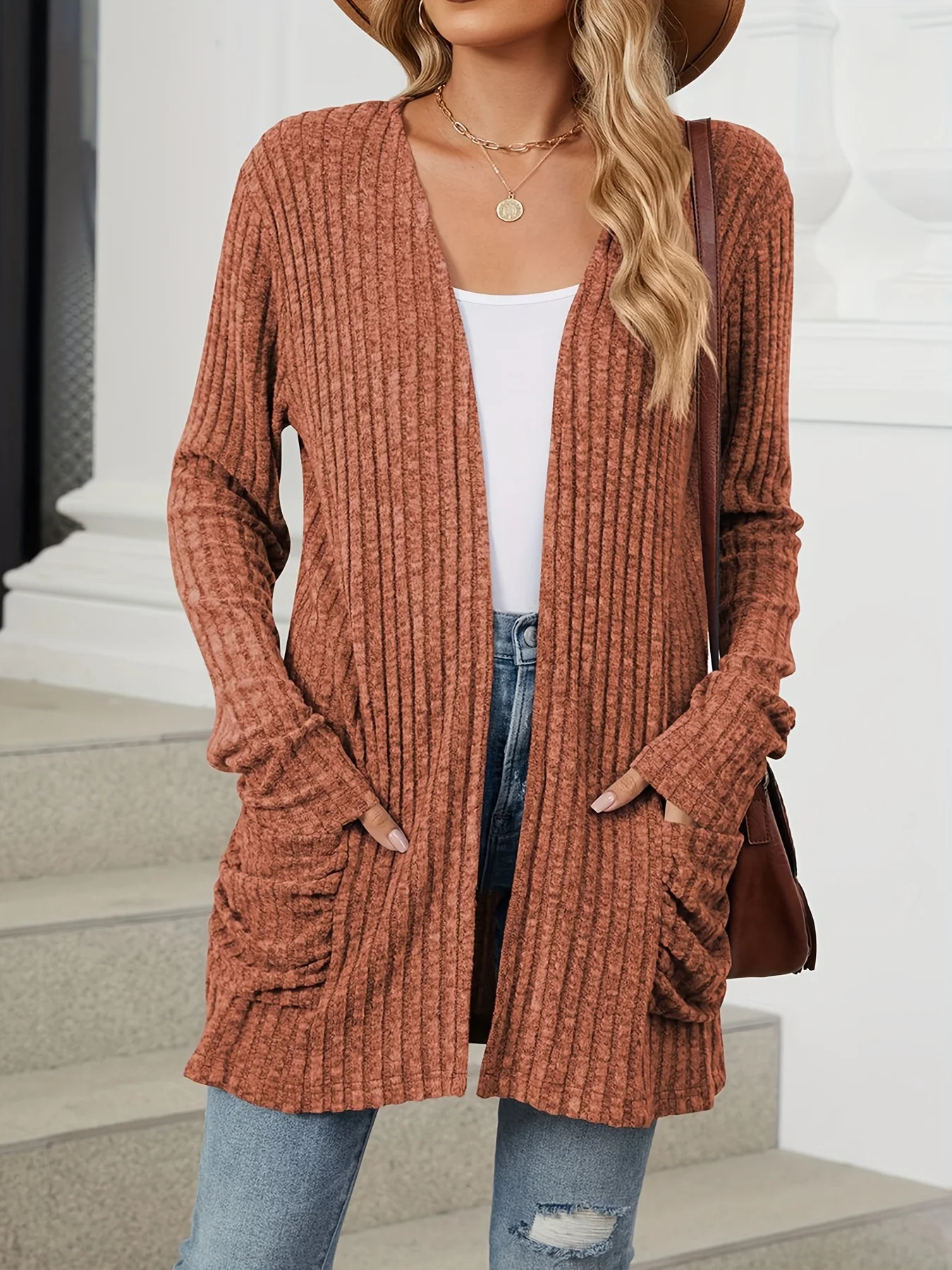 Plus Size Open Front Cardigan Casual Dual Taschen Langarm Cardigan für Herbst Damen Plus Size Kleidung – Detail 7