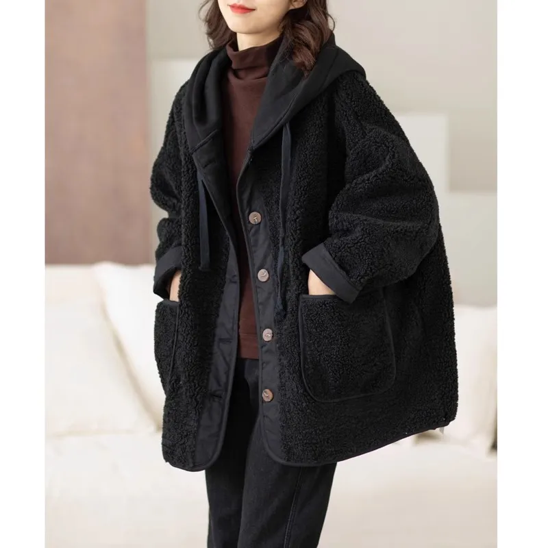 Plus Size Maternity Winter Coats Vintage Preppy Style Lamb Wool Short Jacket Thick Warm Loose Casual Pregnancy Hooded Outerwear