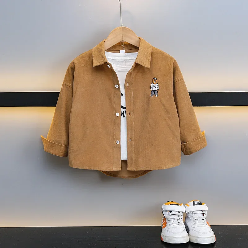 Children's Long Sleeve Shirt Boys' Embroidered Bear Corduroy Jacket Trendy Kids' Clothing Comfortable Soft Material AE Stock