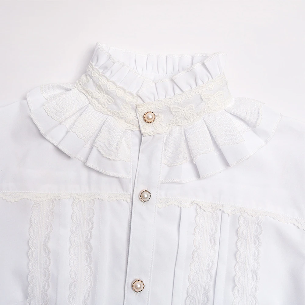 Vintage Victorian Women's Shirts And Blouse Solid White Gothic Stand Collar Lace Lolita Lotus Ruffle Tops Shirt Woman Clothing