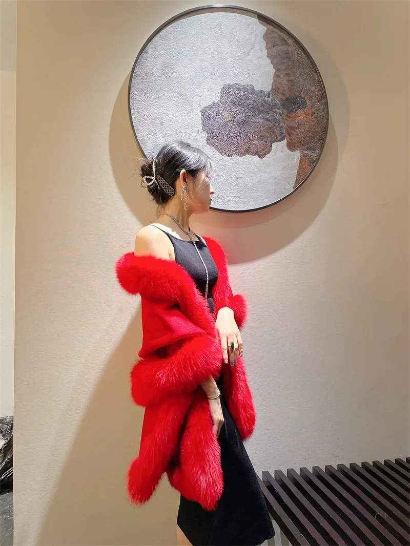 Fox Fur Gown Autumn Winter Cheongsam Wedding Shawl Fur High-end Wool Double-sided Thick Knitted Solid Casual Outerwear Fur Coat