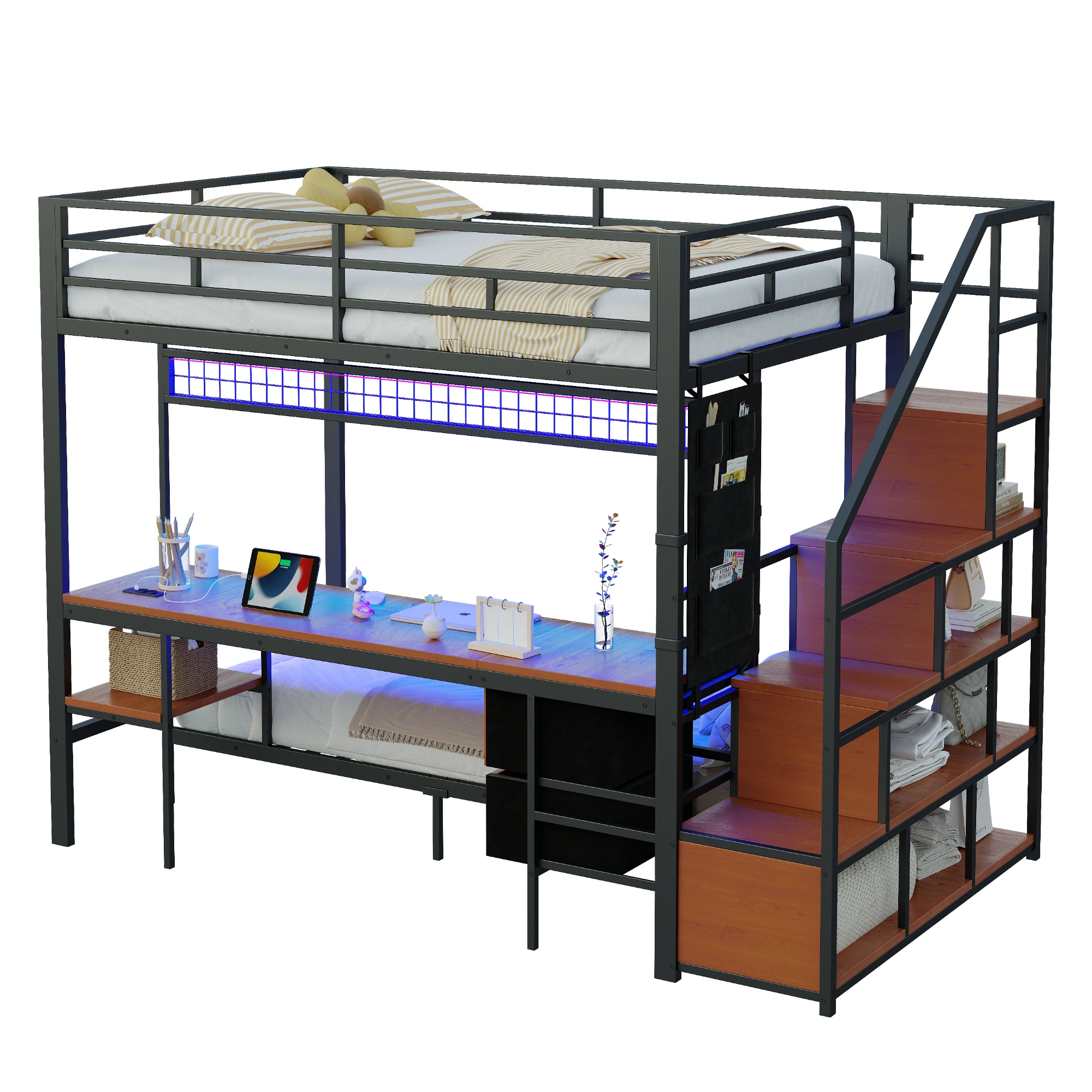 Metall-Hochbett, multifunktionales Bett mit Schreibtisch, LED-Beleuchtung, Steckdosen, offenem Stauraum und Stoffschubladen, schwarz – Detail 9