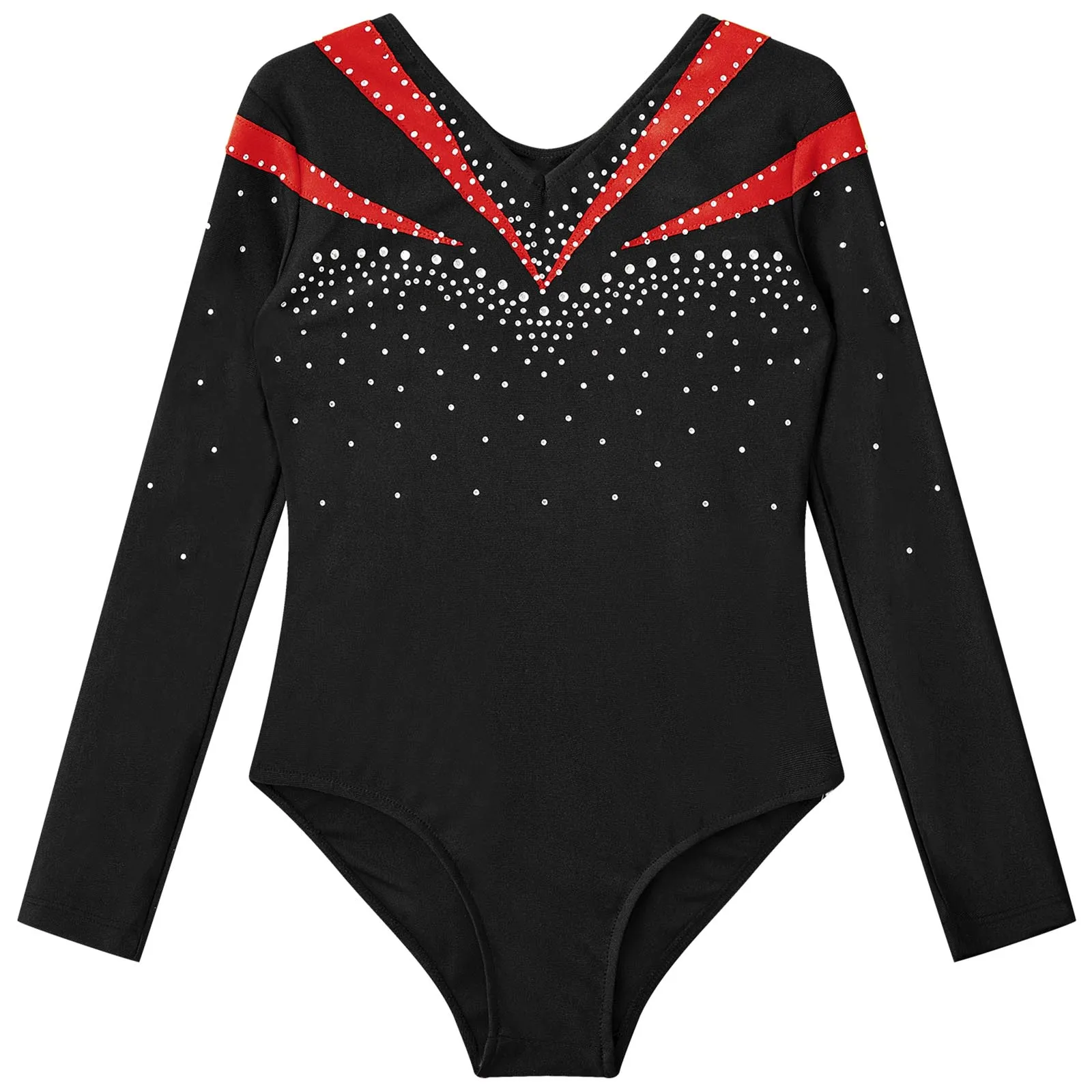 Gymnastics Jumpsuit Kids Girls Long Sleeve Shiny Rhinestone Figure Ice Skating Bodysuit Children Ballet Dance Leotard Dancewear