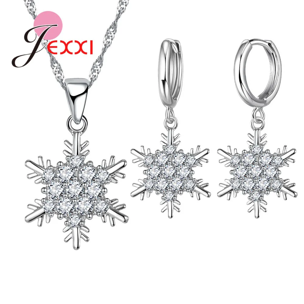 Charming High Quality Snowflake Necklace Earring Romantic 925 Silver Jewelry Set For Women Party Wedding Bridal