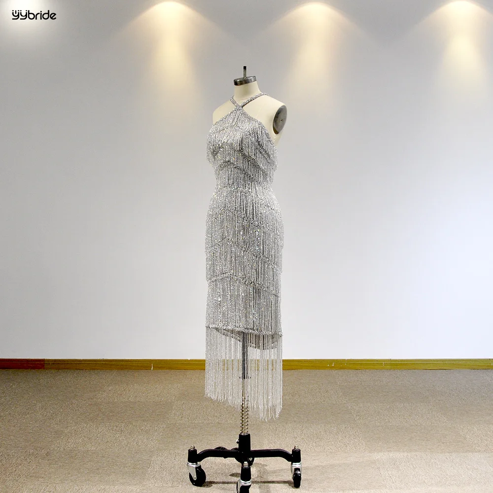YYbride Newest Full Crystals Tassels Beading Work Halter Neck Sexy Backless Silver Cocktail Dresses Vestidos De Mujer Elegantes