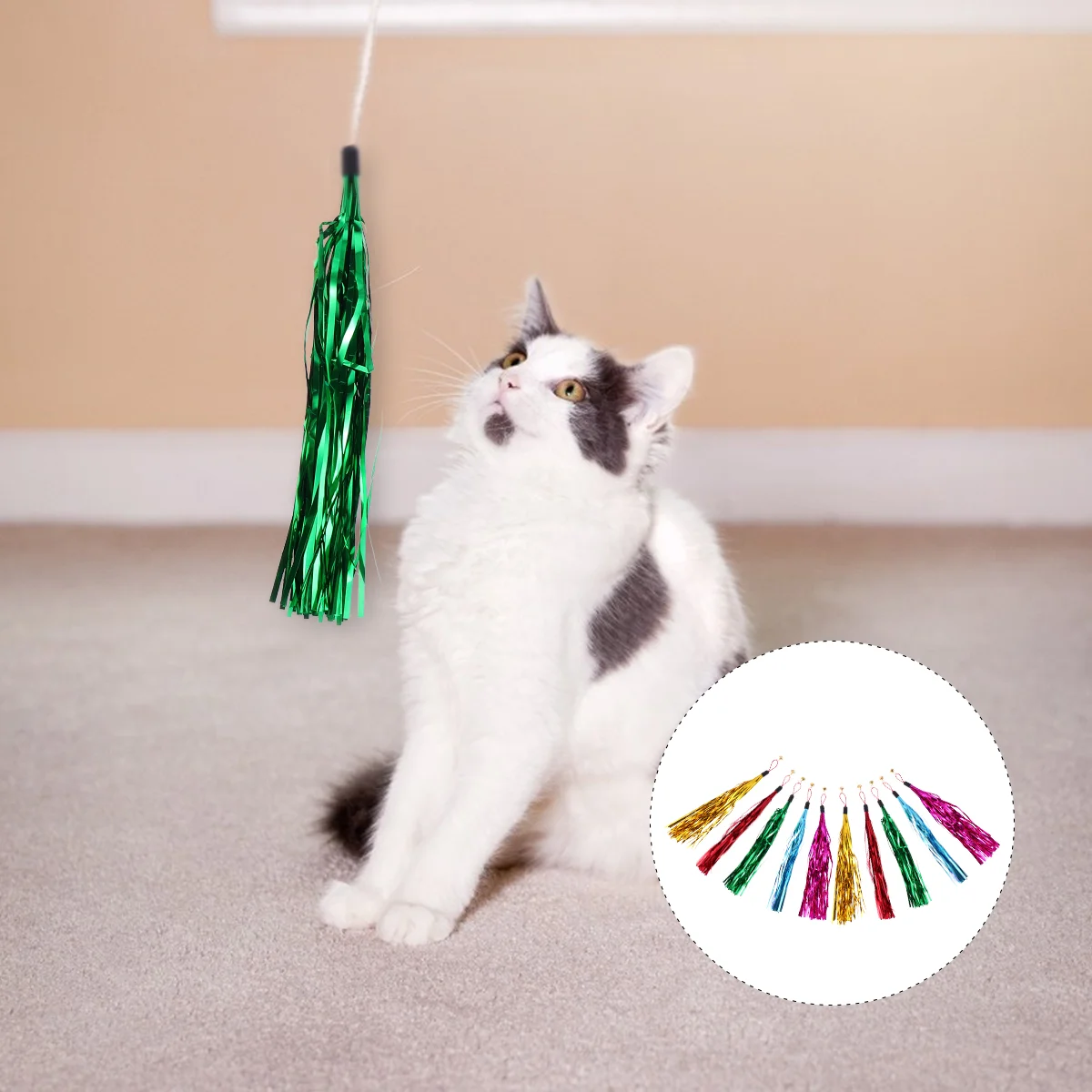 

Chat Cat Cat Toy Cat 5Pcs Cat Teaser Toy Cat Stick Metallic Foil Tinsel Tissue Fringe Tassels Garlands Pendant Bell