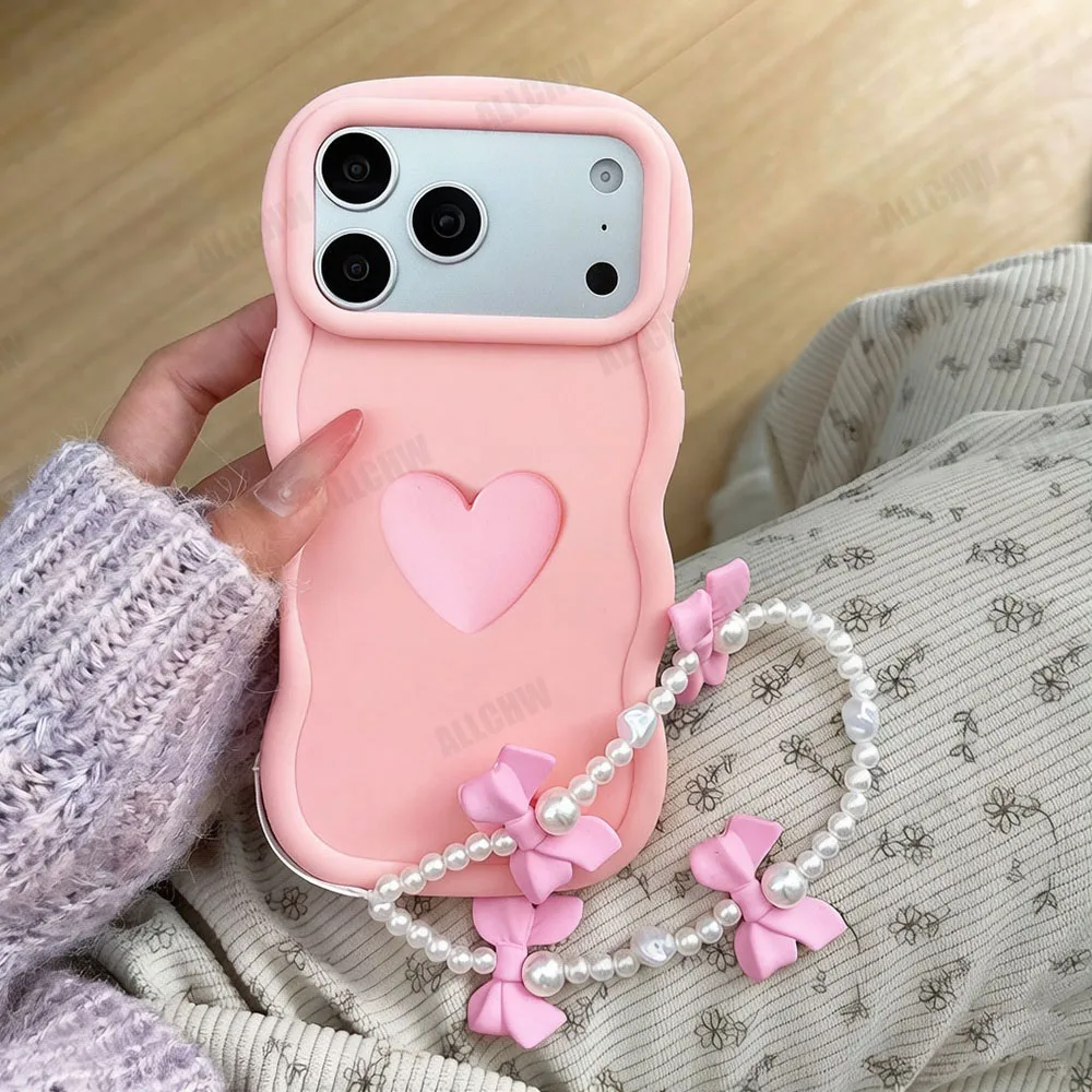 3D Love Heart Bow Hand Strap Shockproof Phone Cover