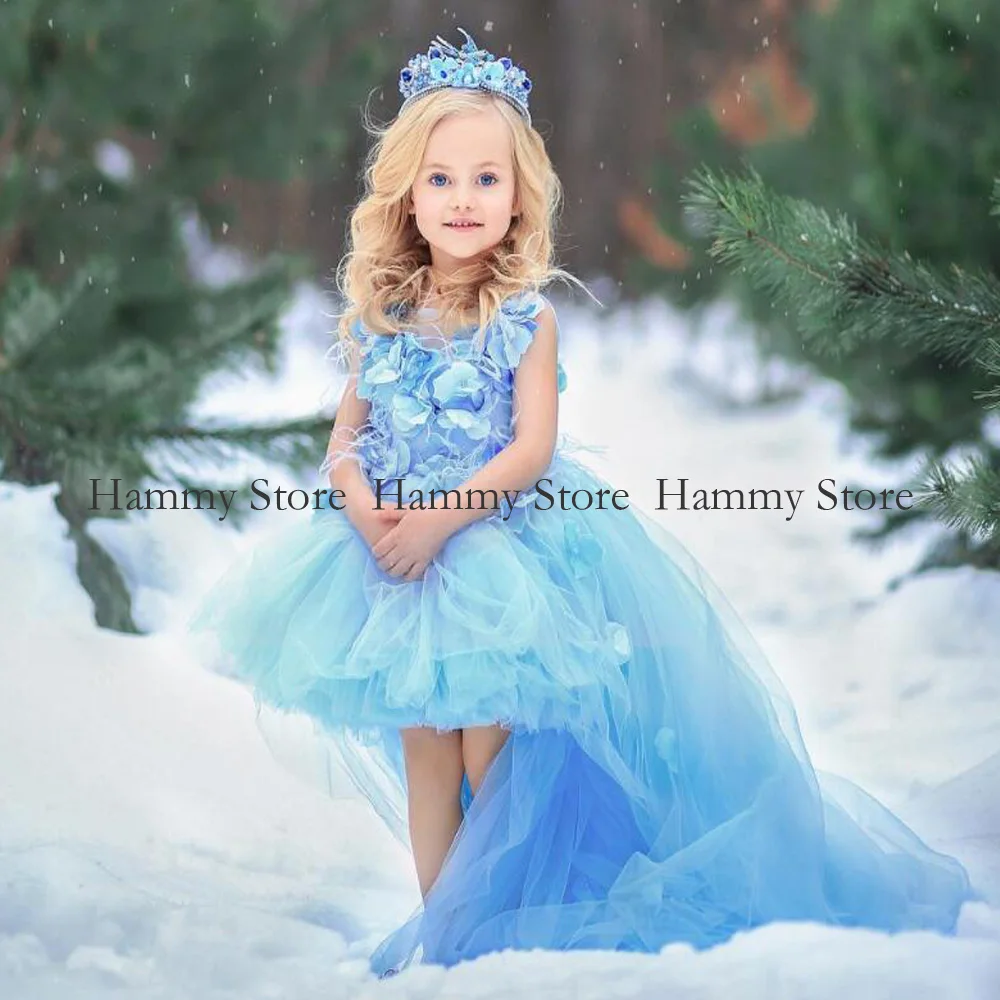 Fashion Sky Blue Flower Girl Dress Cute Baby Party Dresses For Pageant 3D Flowers Feathers Little First Comunione Gown