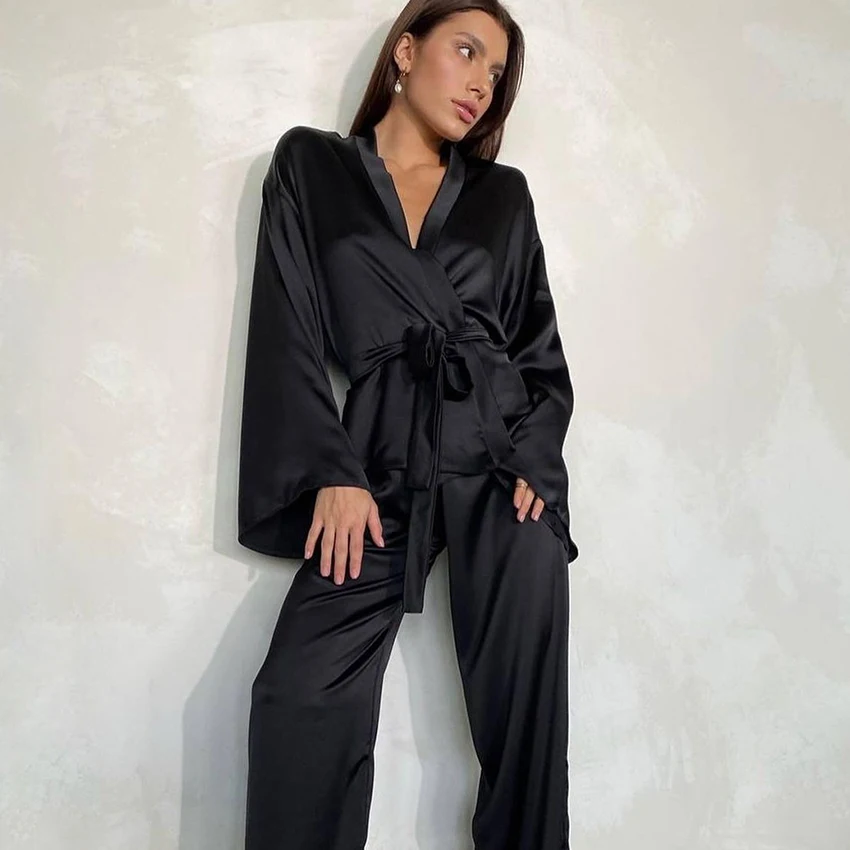 Restve Casua Women Robes With Sashes 2 Piece Set Satin Long Sleeve Home