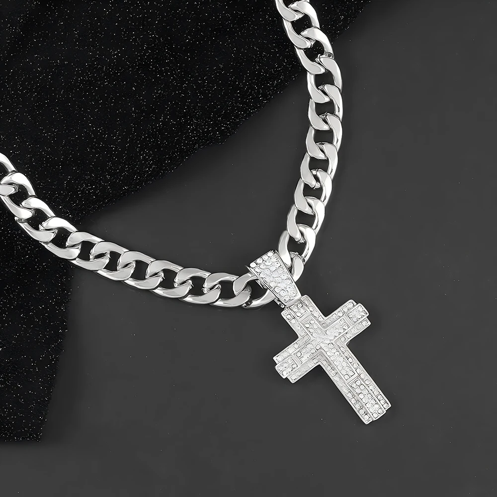 Collana Uomo Con Croce Diamantata - Argento, Acciaio Titanio, 60+5 Cm, Unisex - Foto 4