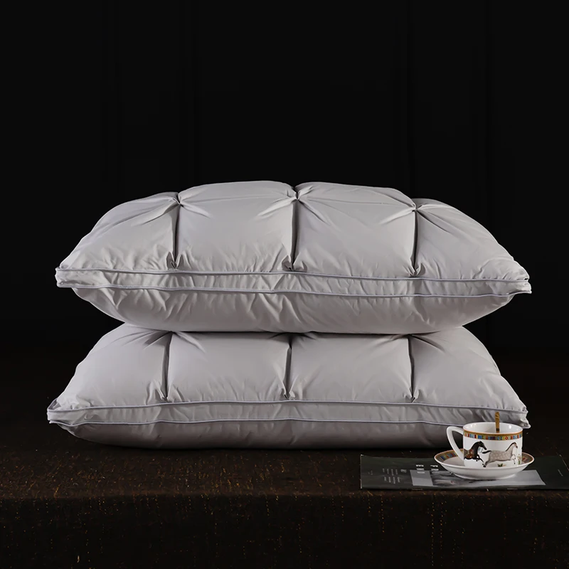 Luxury 2pcs Goose Down Feather Pillows 3D Bread Pleated Neck Protection 100% Cotton Cover Bed Pillow for Sleeping Hotel Quality 3