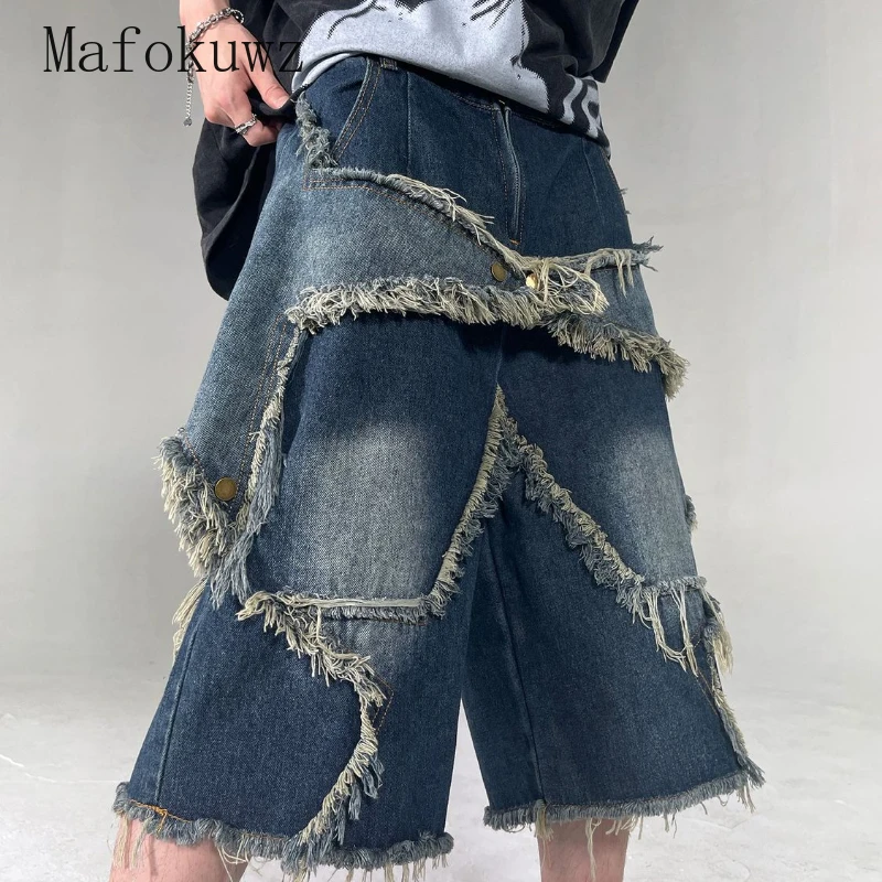 American Retro Niche Star Patches Tassel Denim Shorts Men's Loose Casual Hip-hop Street Five-point Pants Men Bottom Male Clothes