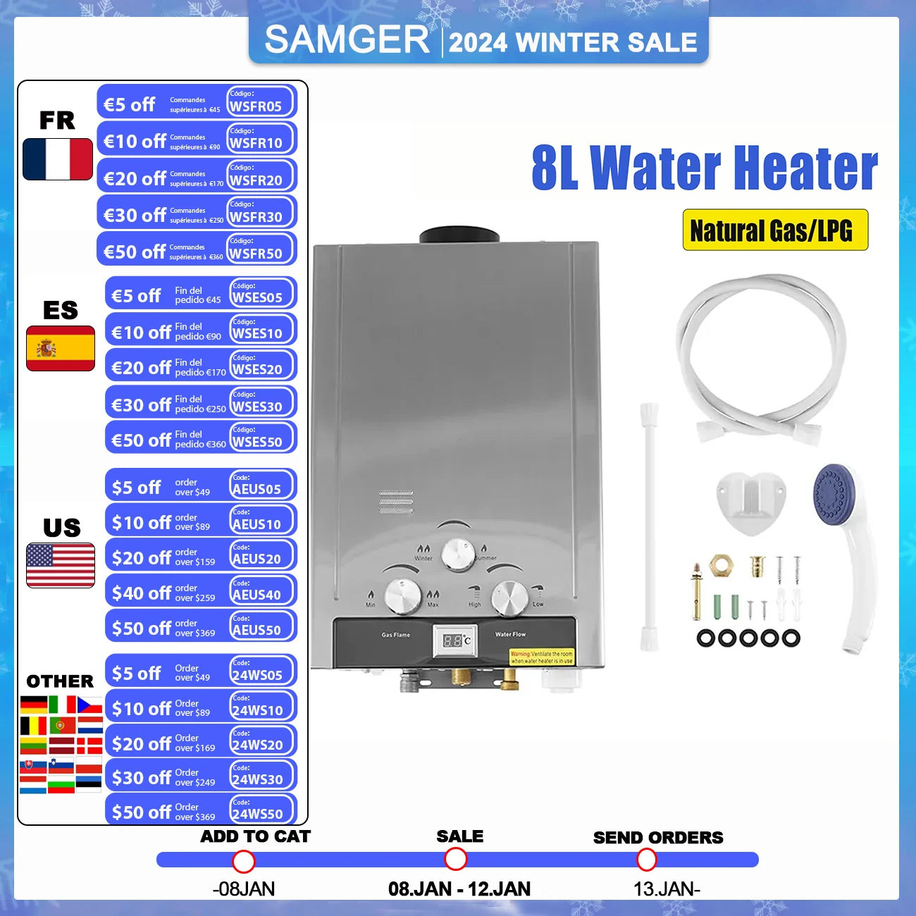 Samger8L2GPMNaturalGasLPGTanklessWaterHeaterStainlessInstant