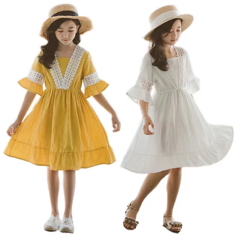 

Новое поступление, летнее платье для девочек, милое платье принцессы с расклешенными рукавами, доступно в желтом и белом цвете, модные детские платья с вырезами