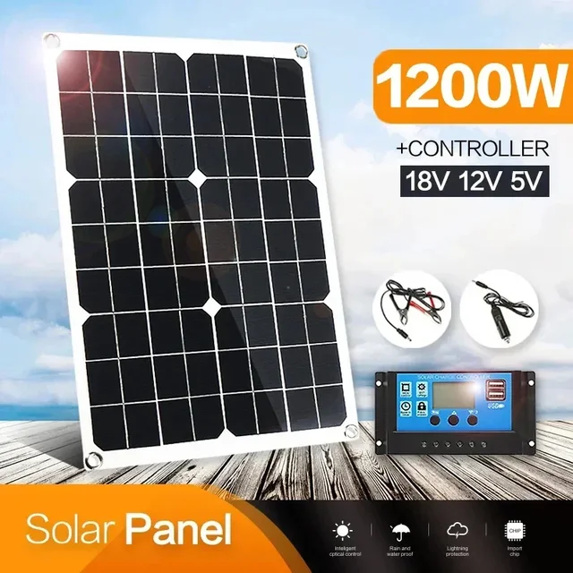 Chargeur de panneau solaire 1200W avec contrôleur 100A, double système de charge de batterie USB 12V pour Camping en plein air, voiture, Yacht, camping-car, randonnée 1
