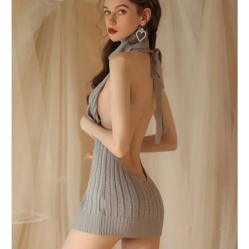 

Sexy Costumes Women Backless Virgin Killer Sweater Turtleneck Open Chest Hollow Knitted Pullovers Fall Sweaters Sleeping Dress