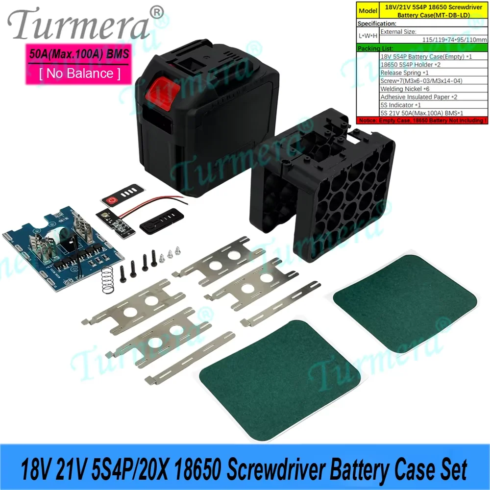 Turmera 새로운 18V 21V 스크루드라이버 배터리 케이스 20X 18650 코어 50A 새로운 70A 밸런스 BMS 용접 니켈 세트 마키타 배터리용