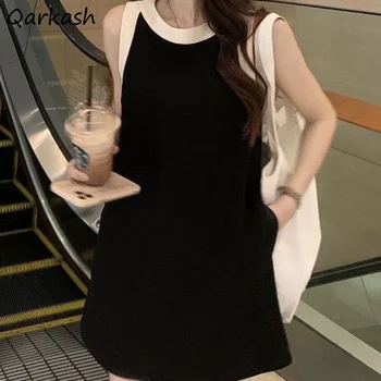 여성용 패치워크 드레스, 우아한 민소매, 시크한 미니 빈티지, 느슨한 한국 스타일, 심플한 기질, 사무실 여성 패션, 여름