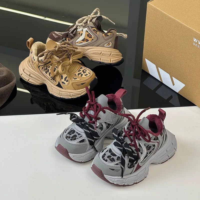 2024 Winter New Children's Leopard Pattern Velvet Cotton Shoes Fashion Trend Boys' Outdoor Warm Girls' Sports Shoes Comfortable 3