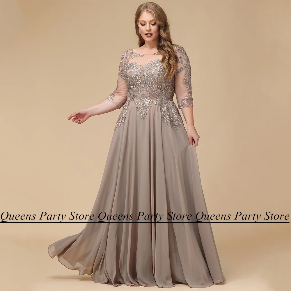 Plus Size Mother of Bride Dress 3/4 Sleeves Applique Floor Length A Line Chiffon Summer Wedding Guest Gown mother bride dresses