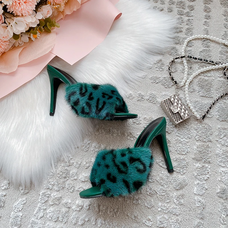 

Leopard print fur, mink fur cool slippers, celebrity dating, sexy slim heels, super high heels, women's shoes, high-end mink fur