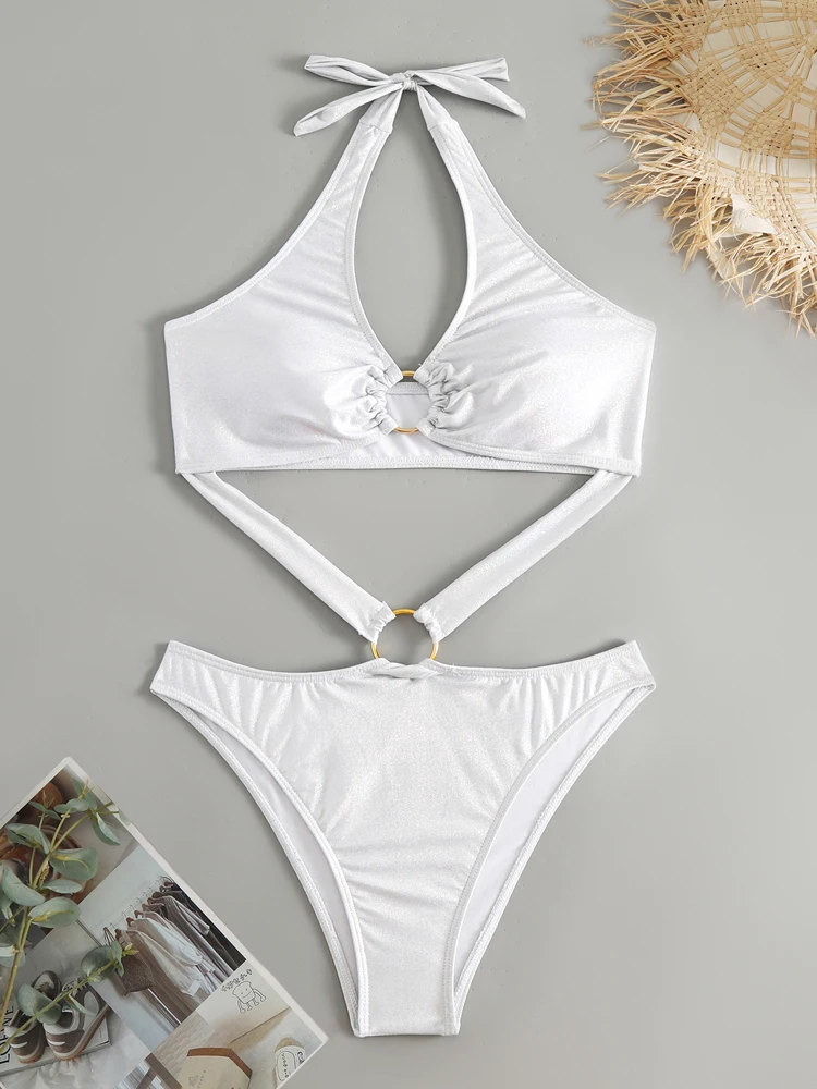 VigoCasey White Tied Halter Swimwear Women Sexy Hollow One Piece Swimsuit Ring Push UP Monokini Summer Beach Bathing Suit